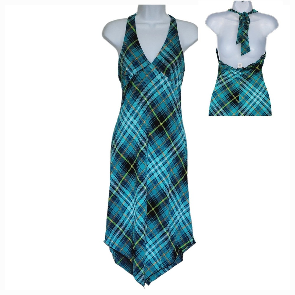 Red Bugs Halter Dress Silk Plaid Blue Teal Backless Large Lightweight Shift Sexy